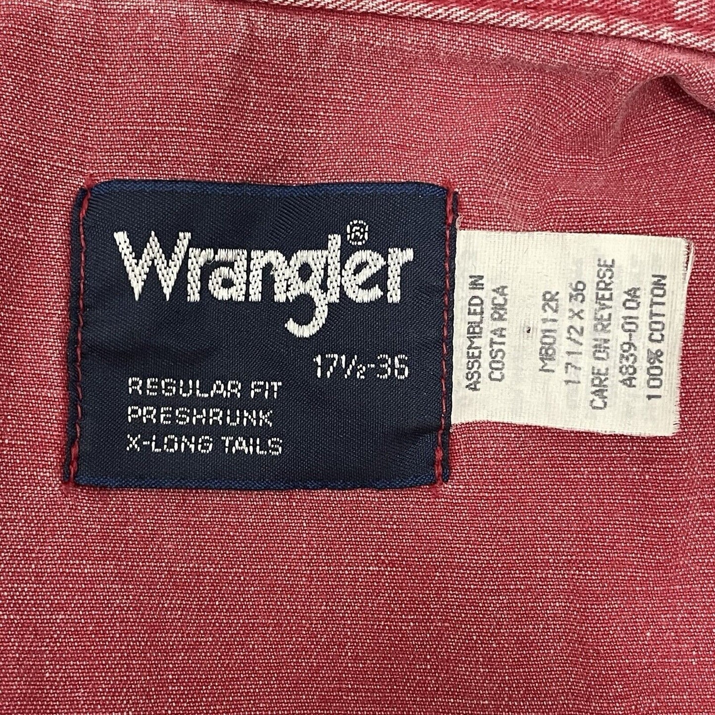 VTG Wrangler Muted Red X-Long Tails Button Up Long Sleeve Shirt Size 17.5-36