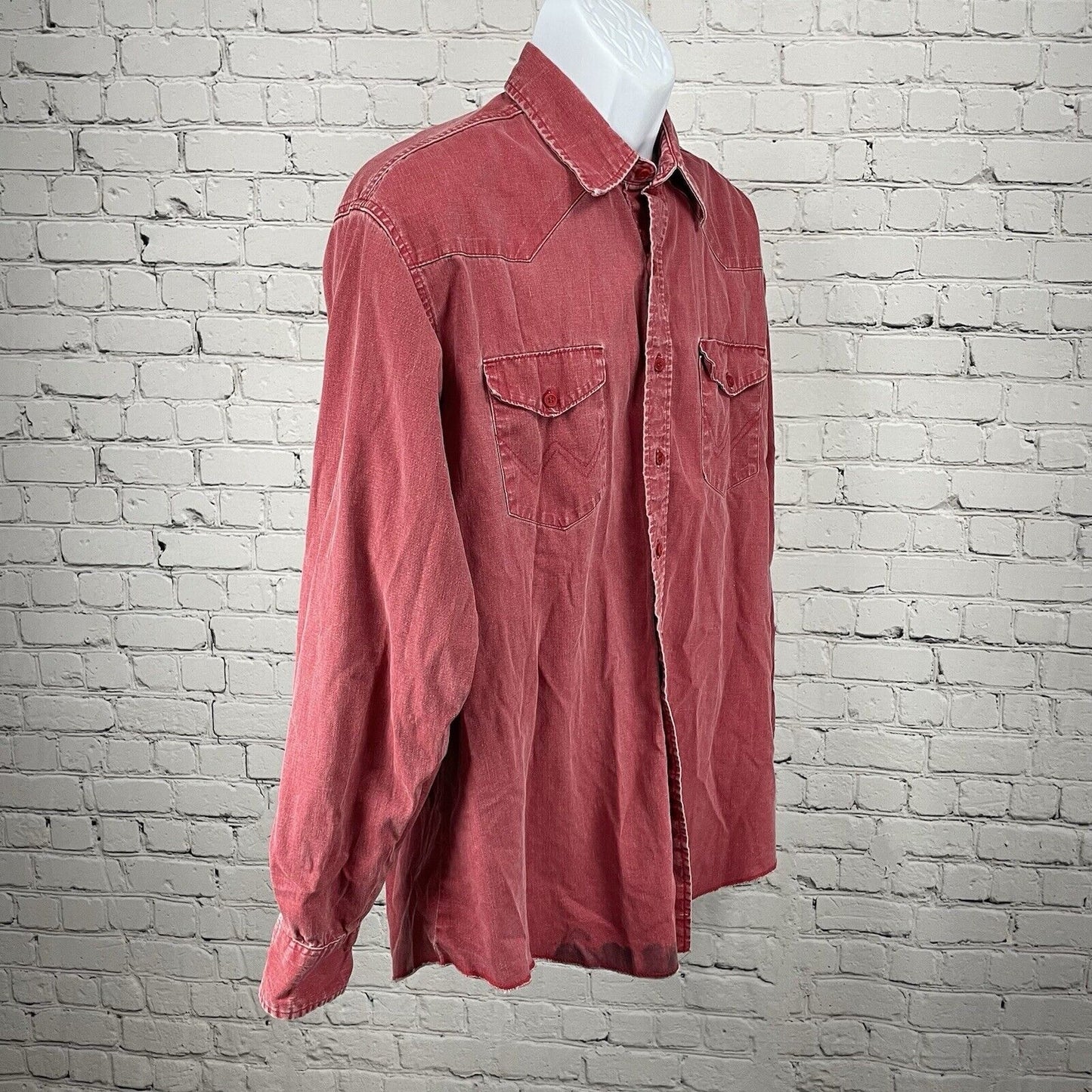VTG Wrangler Muted Red X-Long Tails Button Up Long Sleeve Shirt Size 17.5-36