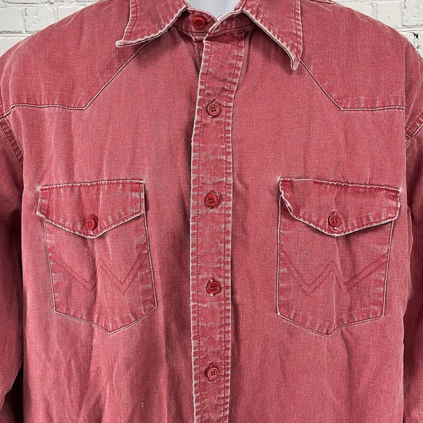 VTG Wrangler Muted Red X-Long Tails Button Up Long Sleeve Shirt Size 17.5-36