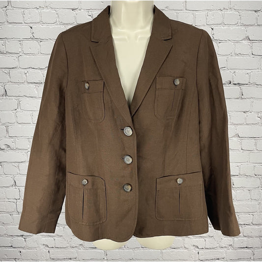 Talbots Brown Linen Blend 3 Button Vented Lightweight Blazer Jacket Petite 10P