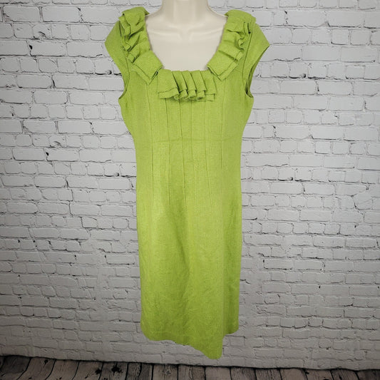 Kay Unger Green 100% Silk Woven Ruffle Short Cap Sleeve Lined Dress Size 8
