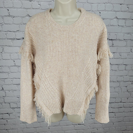 Anthropologie Beige Pink Wool Blend Boho Fringe Pullover Sweater Size Medium M