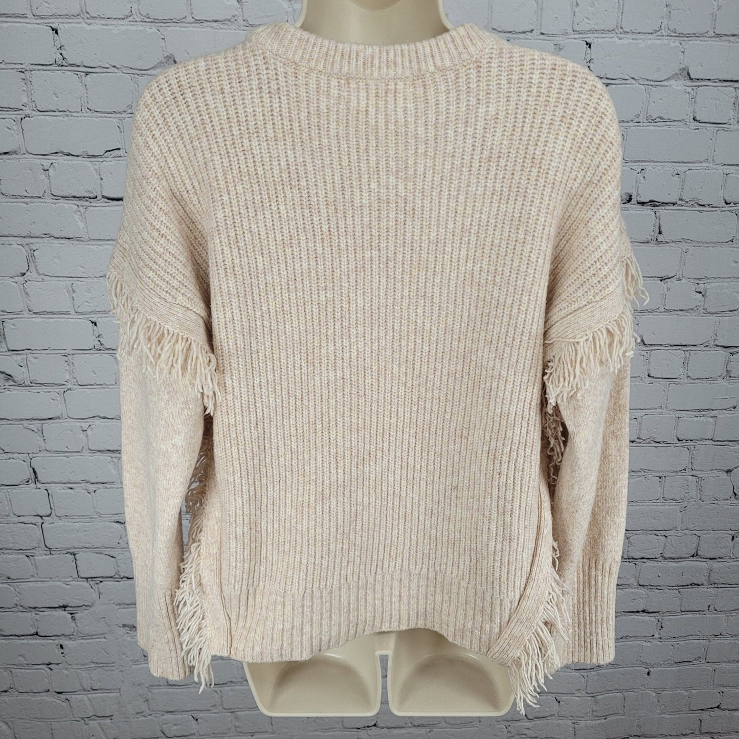 Anthropologie Beige Pink Wool Blend Boho Fringe Pullover Sweater Size Medium M
