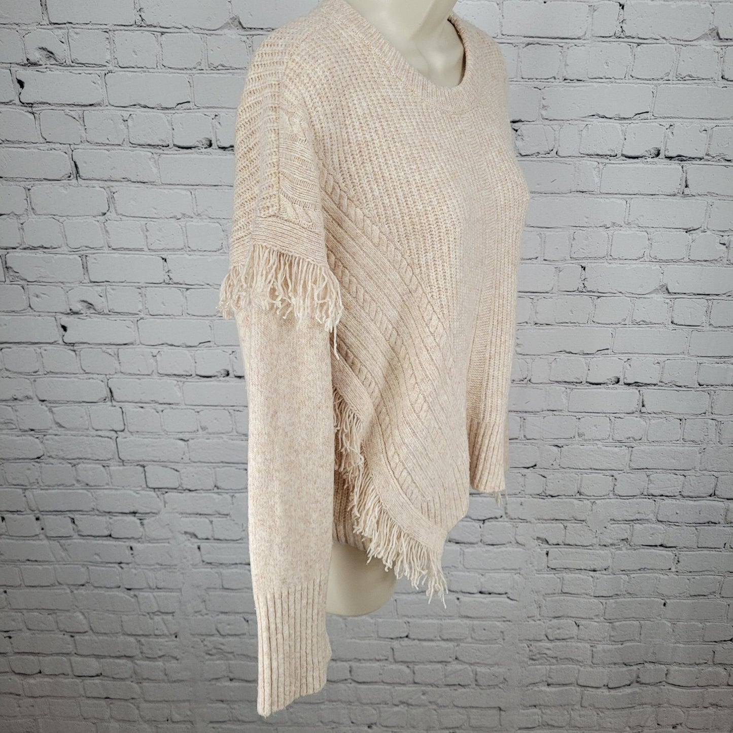 Anthropologie Beige Pink Wool Blend Boho Fringe Pullover Sweater Size Medium M