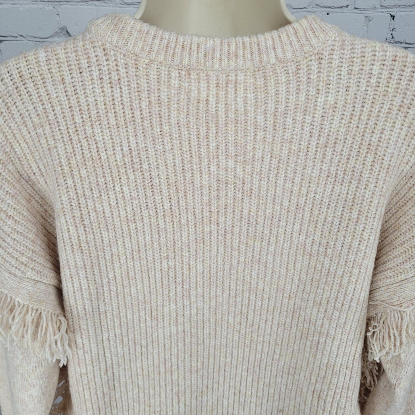 Anthropologie Beige Pink Wool Blend Boho Fringe Pullover Sweater Size Medium M