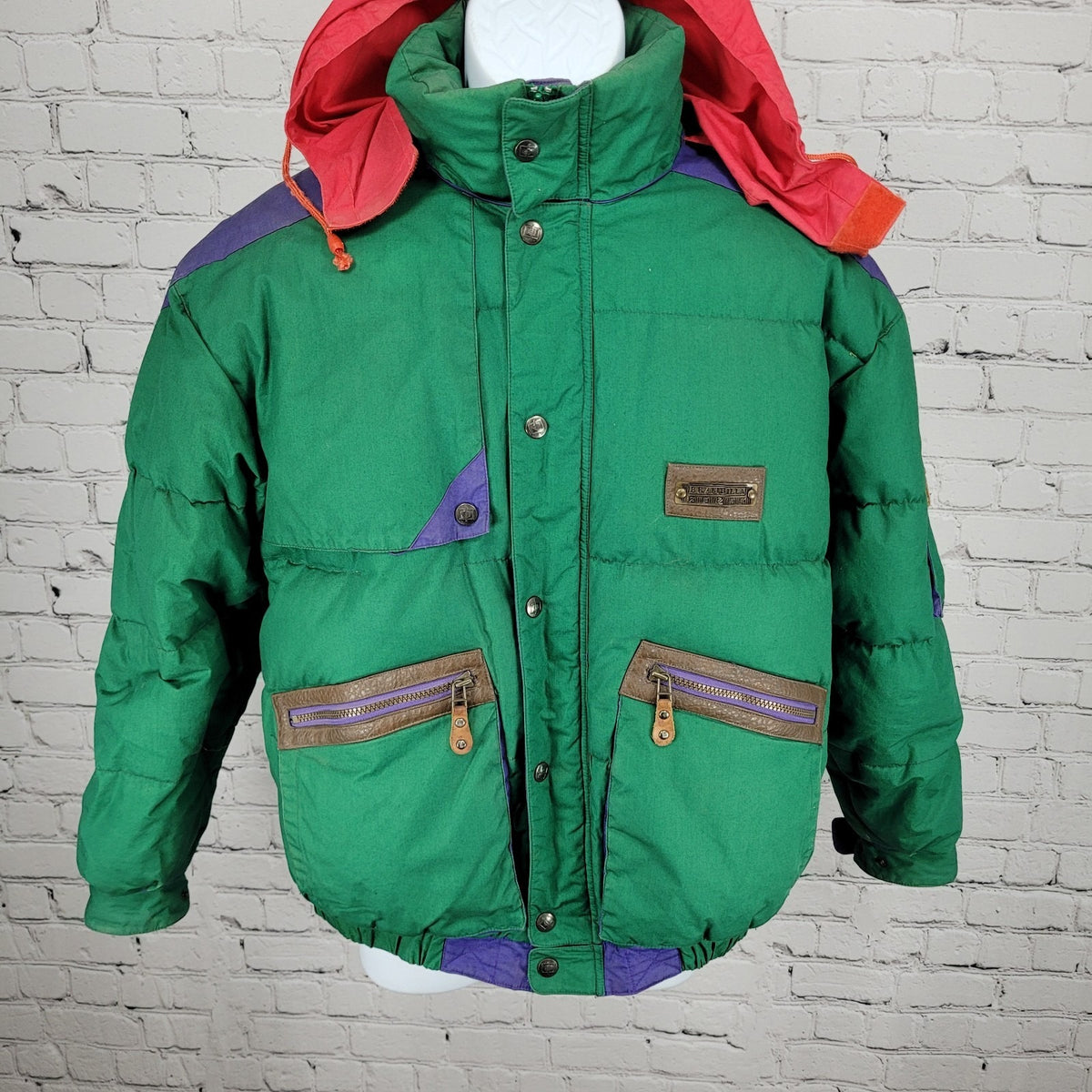 VTG Brambilla Green Purple Down Insulated Hooded Coat France Made Kids 14/16