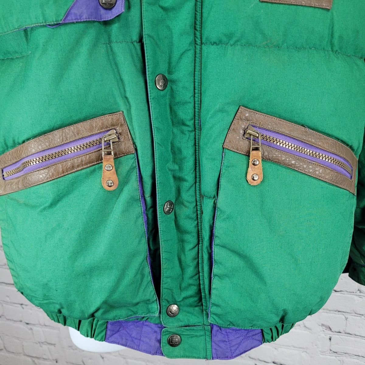 VTG Brambilla Green Purple Down Insulated Hooded Coat France Made Kids 14/16