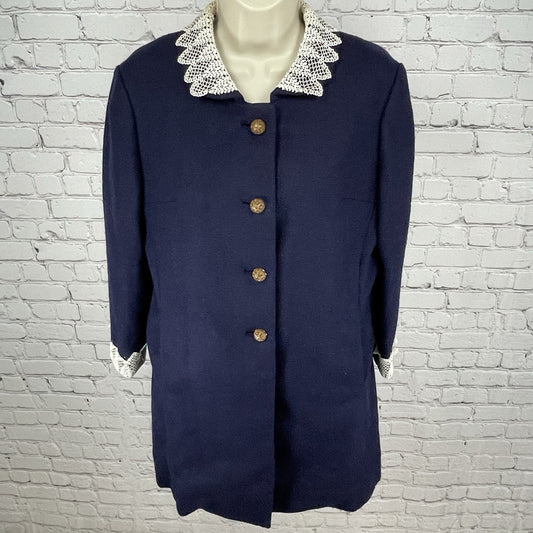 VTG ViveV Blue Crochet Lace Collar Accent Brass Button Lined Jacket Size Small S
