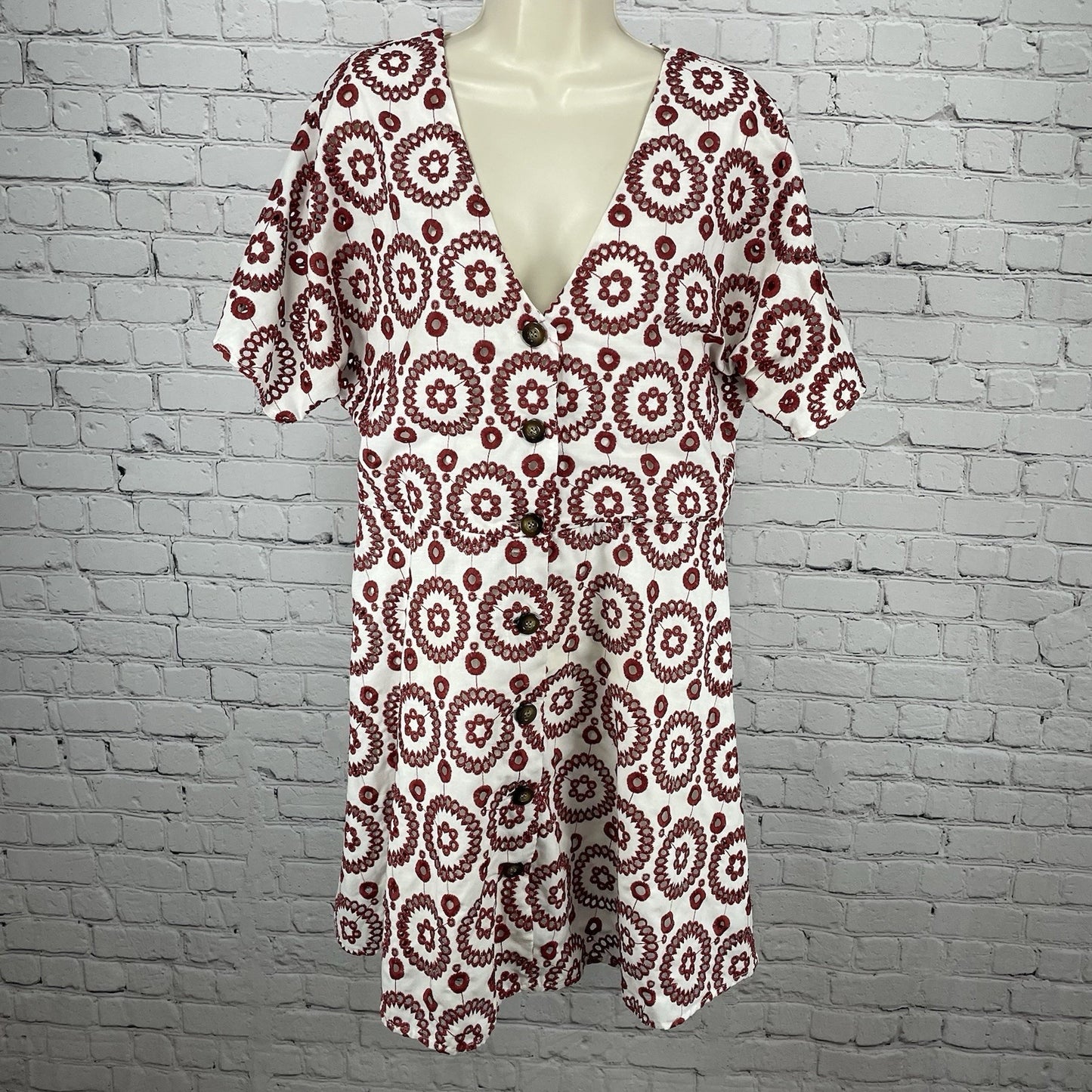 Waverly Grey Anthropologie White Red Eyelet Buttoned A Line Lined Dress USA L