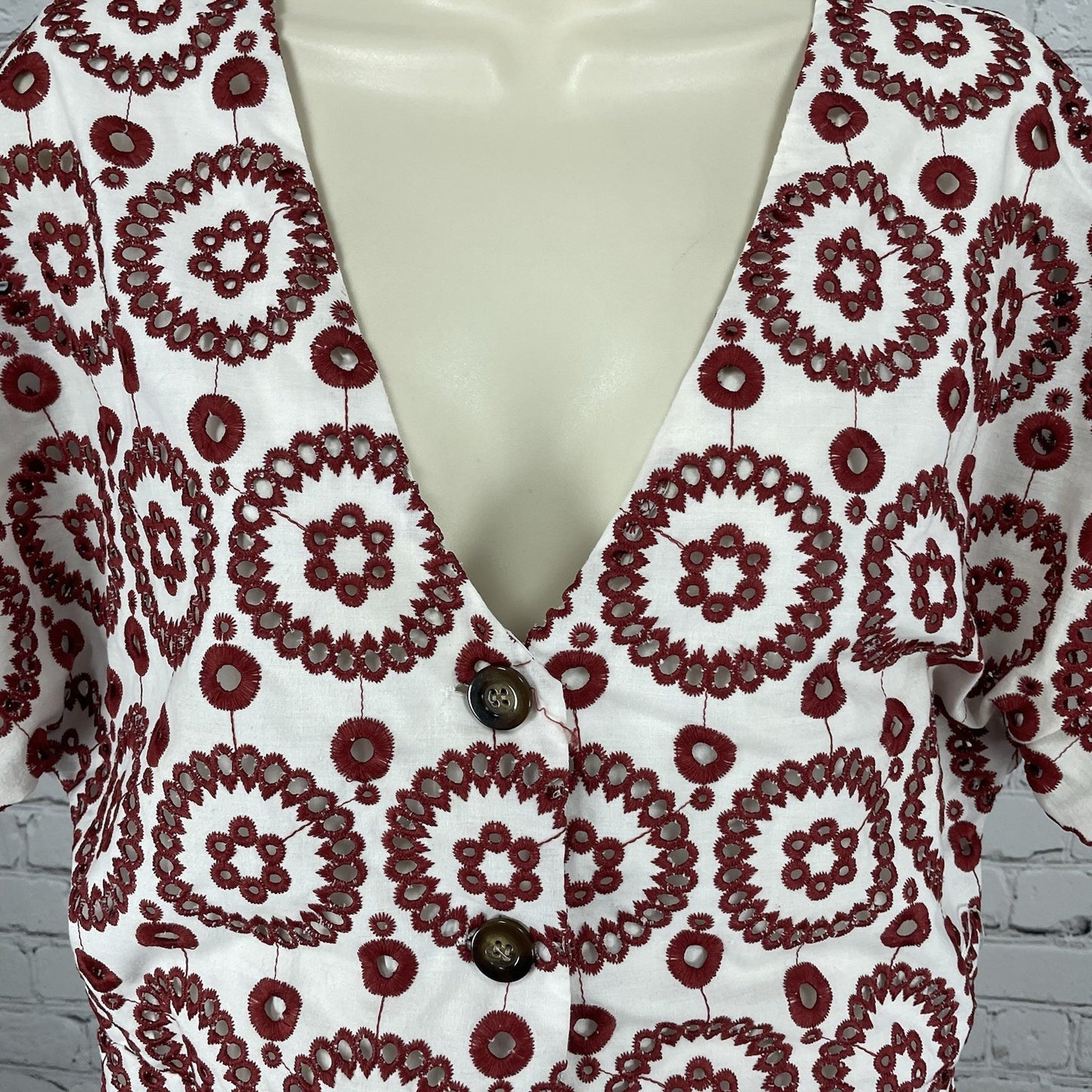 Waverly Grey Anthropologie White Red Eyelet Buttoned A Line Lined Dress USA L