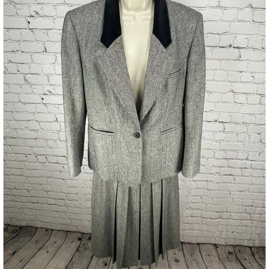 VTG Evan Picone Black & White Blazer Pleated Skirt Suit Set USA Made Size 12/14