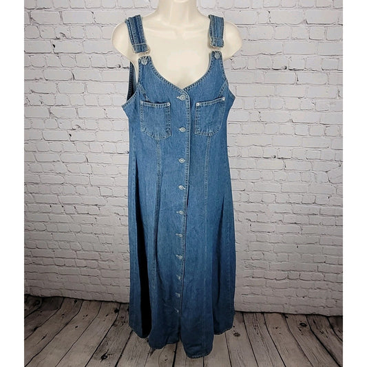 VTG True Blue 100% Cotton Denim Buttoned Overall Unlined Maxi Dress Size 9/10