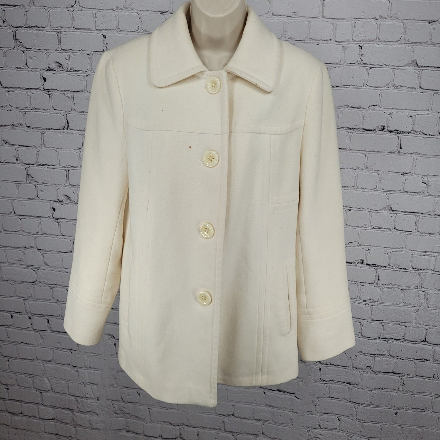 Anne Klein Ivory Wool Blend Buttoned Collared Pockets Lined Over Coat Large L