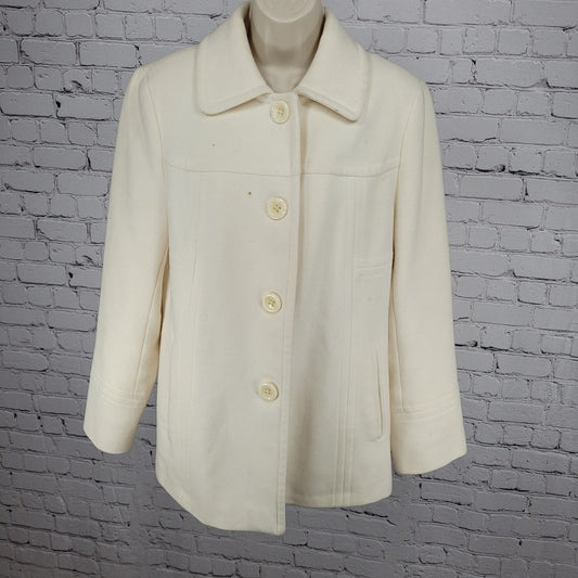 Anne Klein Ivory Wool Blend Buttoned Collared Pockets Lined Over Coat Large L