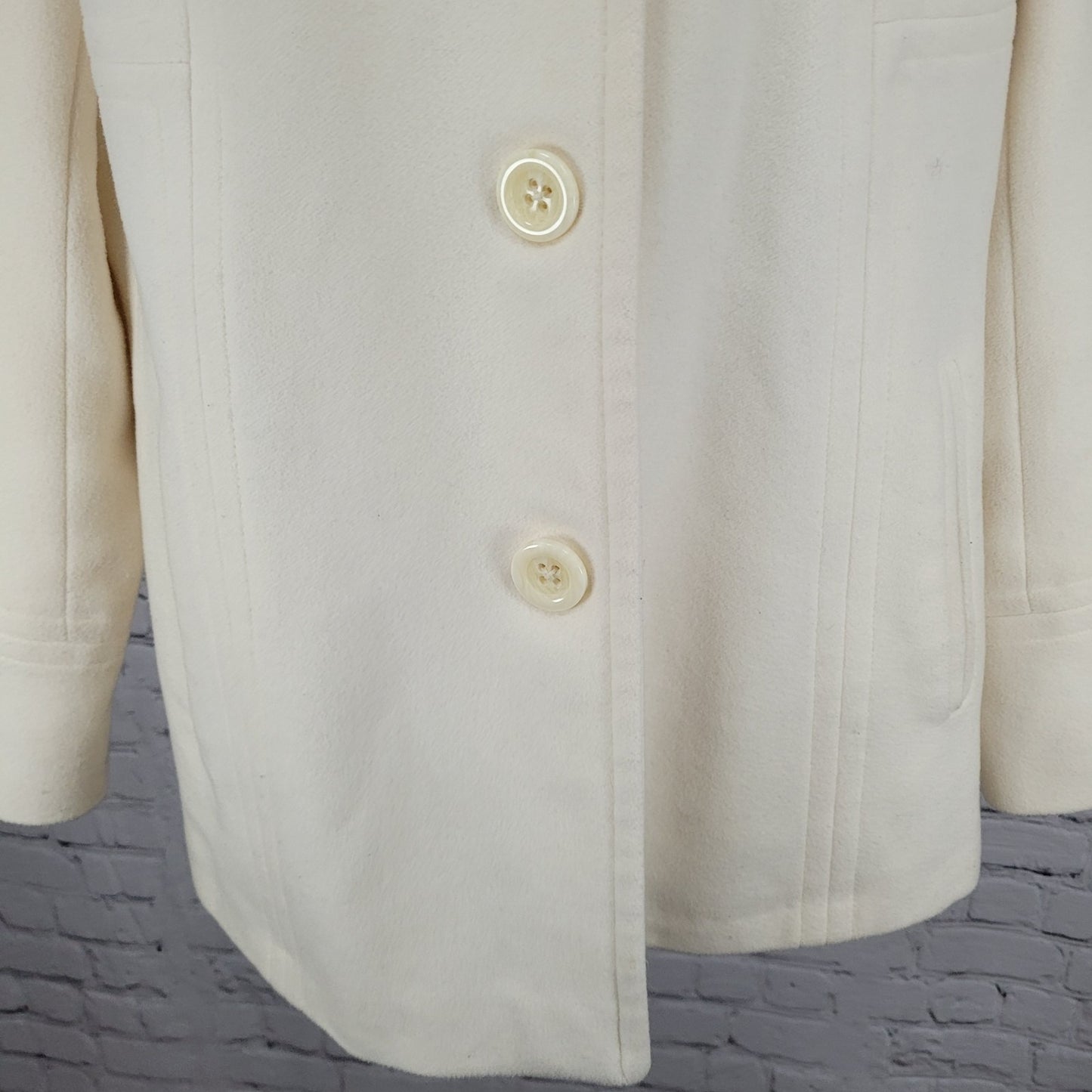 Anne Klein Ivory Wool Blend Buttoned Collared Pockets Lined Over Coat Large L