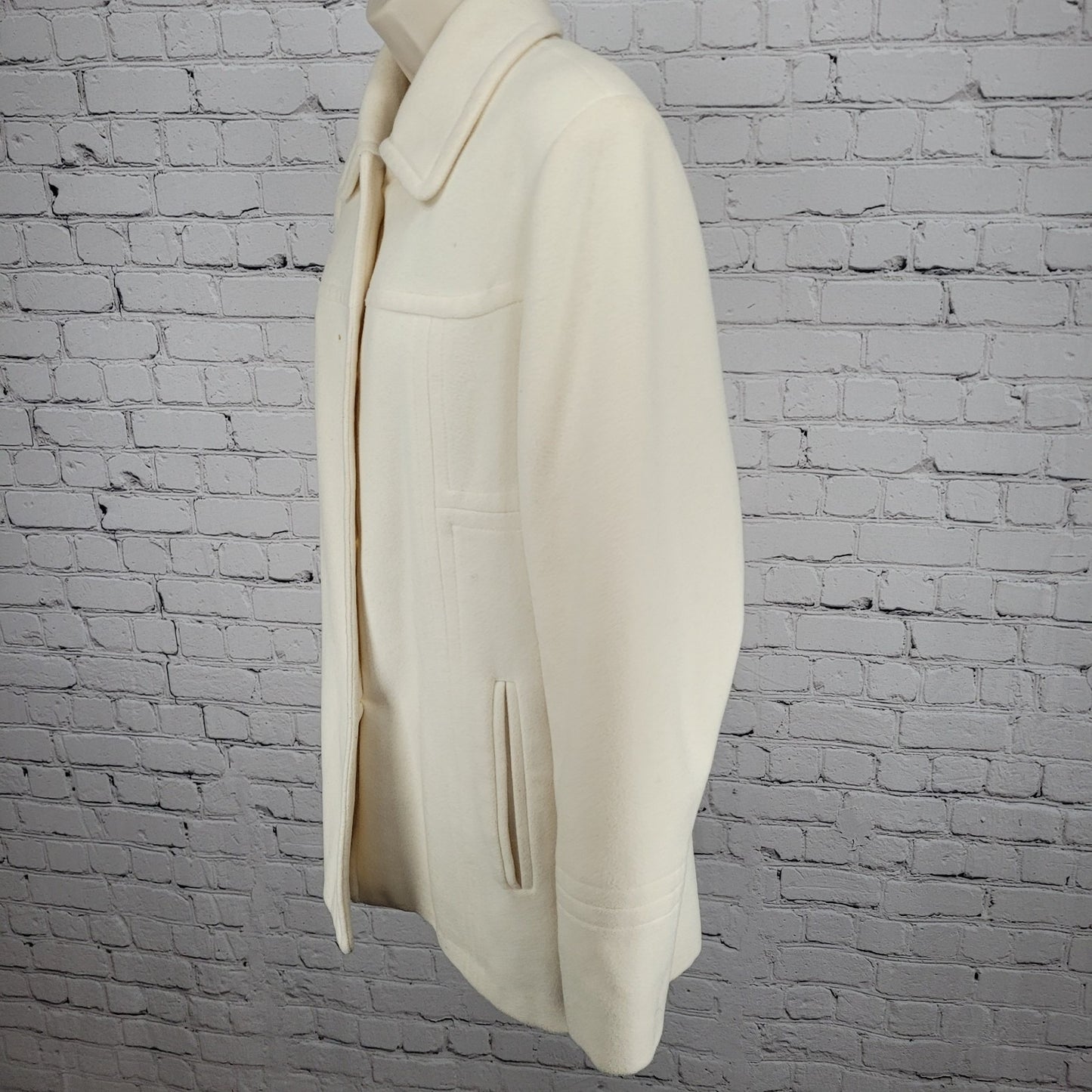Anne Klein Ivory Wool Blend Buttoned Collared Pockets Lined Over Coat Large L