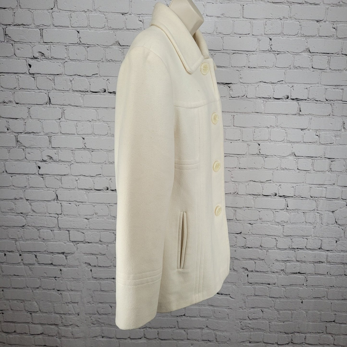 Anne Klein Ivory Wool Blend Buttoned Collared Pockets Lined Over Coat Large L