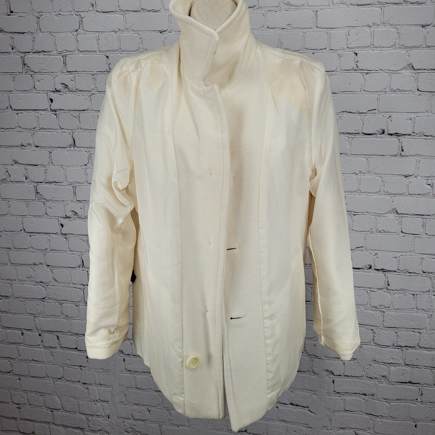 Anne Klein Ivory Wool Blend Buttoned Collared Pockets Lined Over Coat Large L