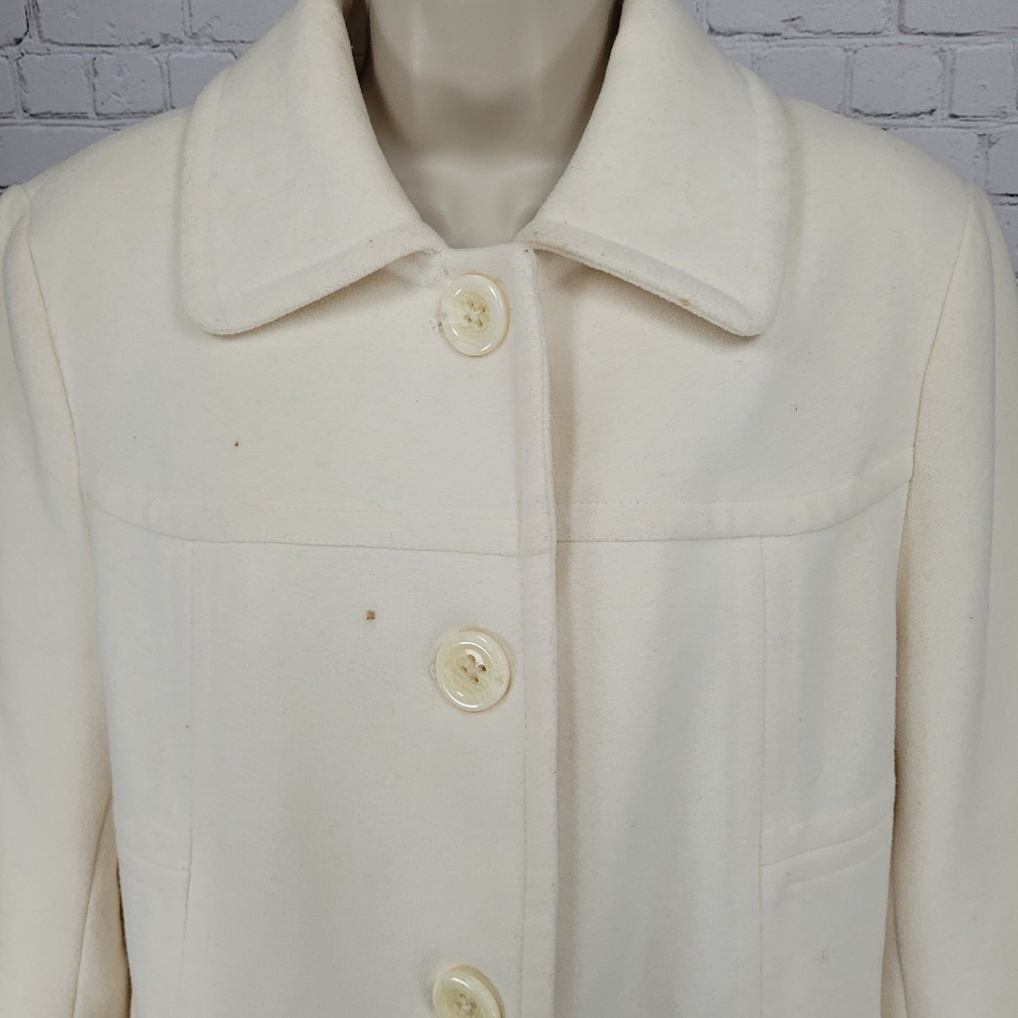 Anne Klein Ivory Wool Blend Buttoned Collared Pockets Lined Over Coat Large L
