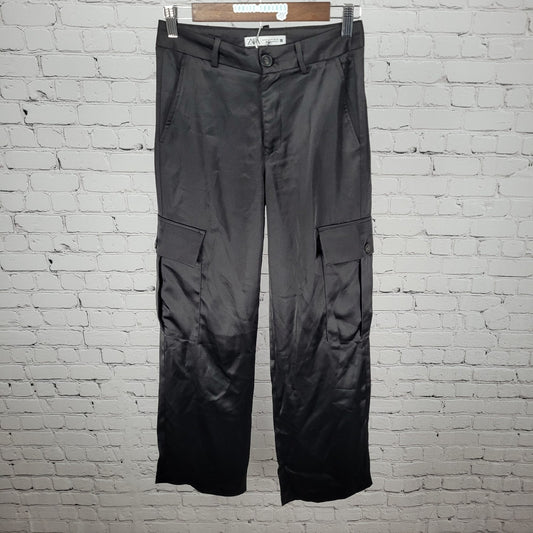 Zara Black Silky Satin Cargo Pockets Straight Leg Mid Rise Pants Size XS (26x29)