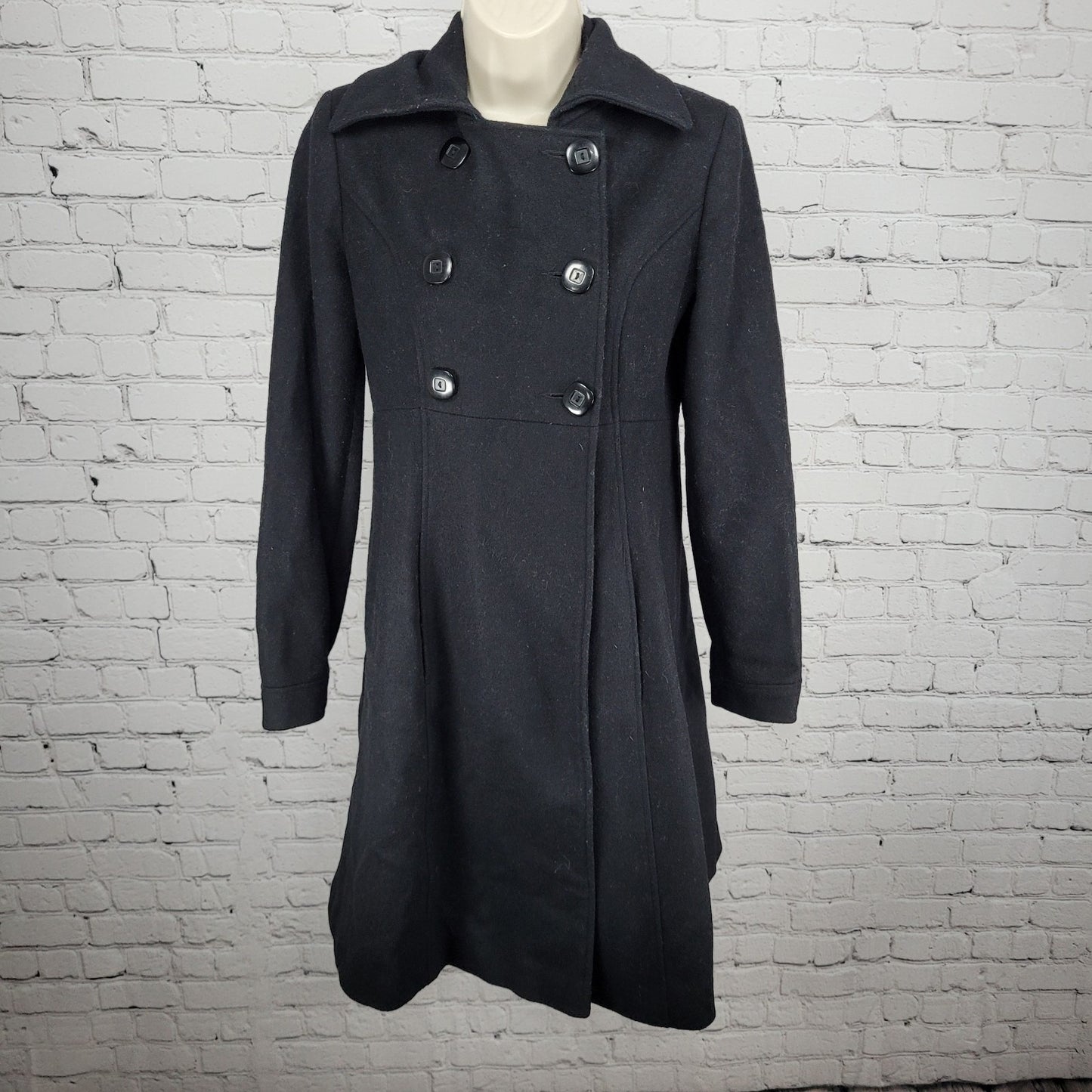 Via Black 100% Wool Double Breasted Buttoned Lined Pockets Long Pea Coat Small S