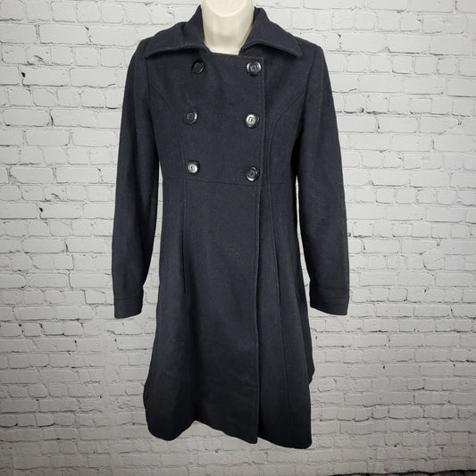 Via Black 100% Wool Double Breasted Buttoned Lined Pockets Long Pea Coat Small S