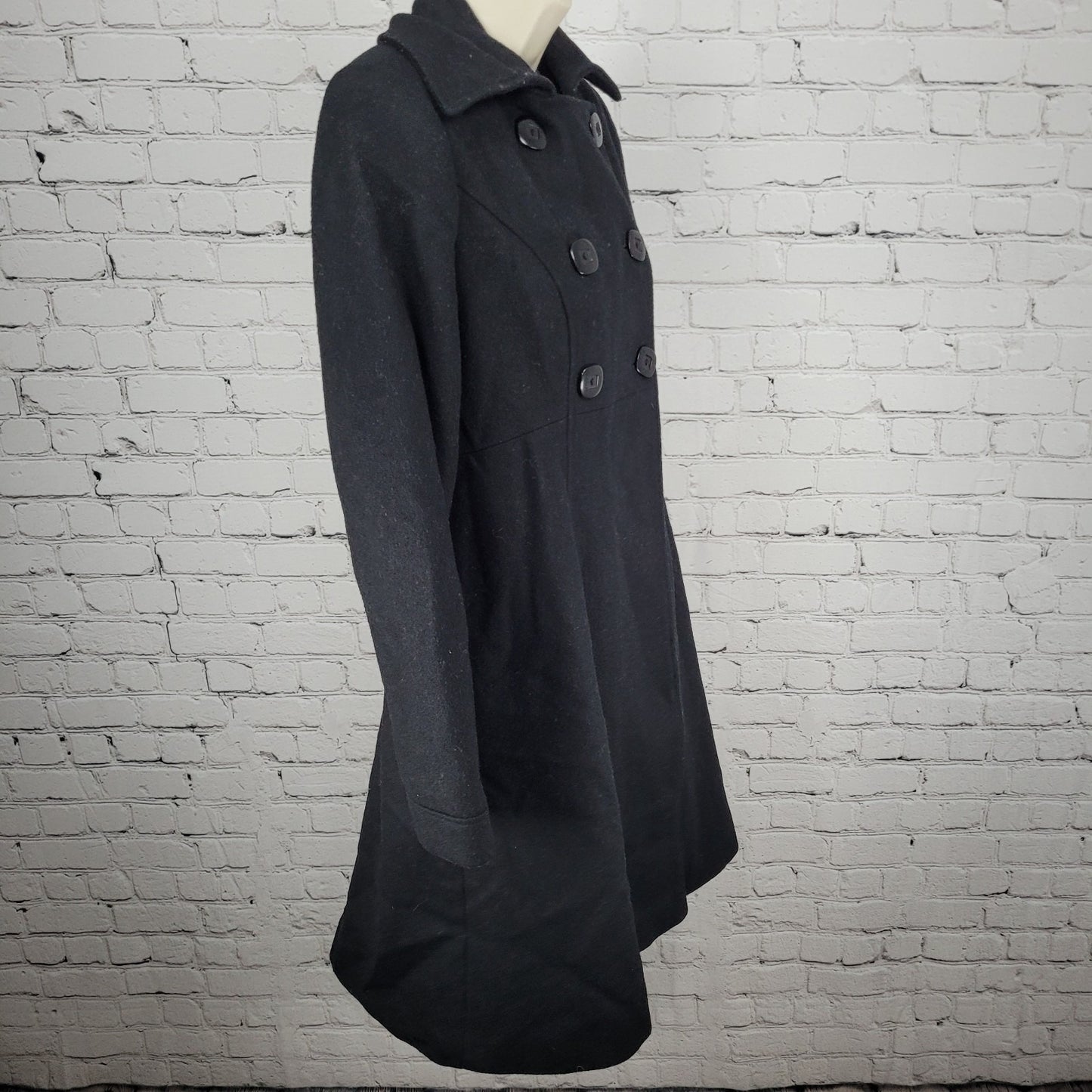 Via Black 100% Wool Double Breasted Buttoned Lined Pockets Long Pea Coat Small S