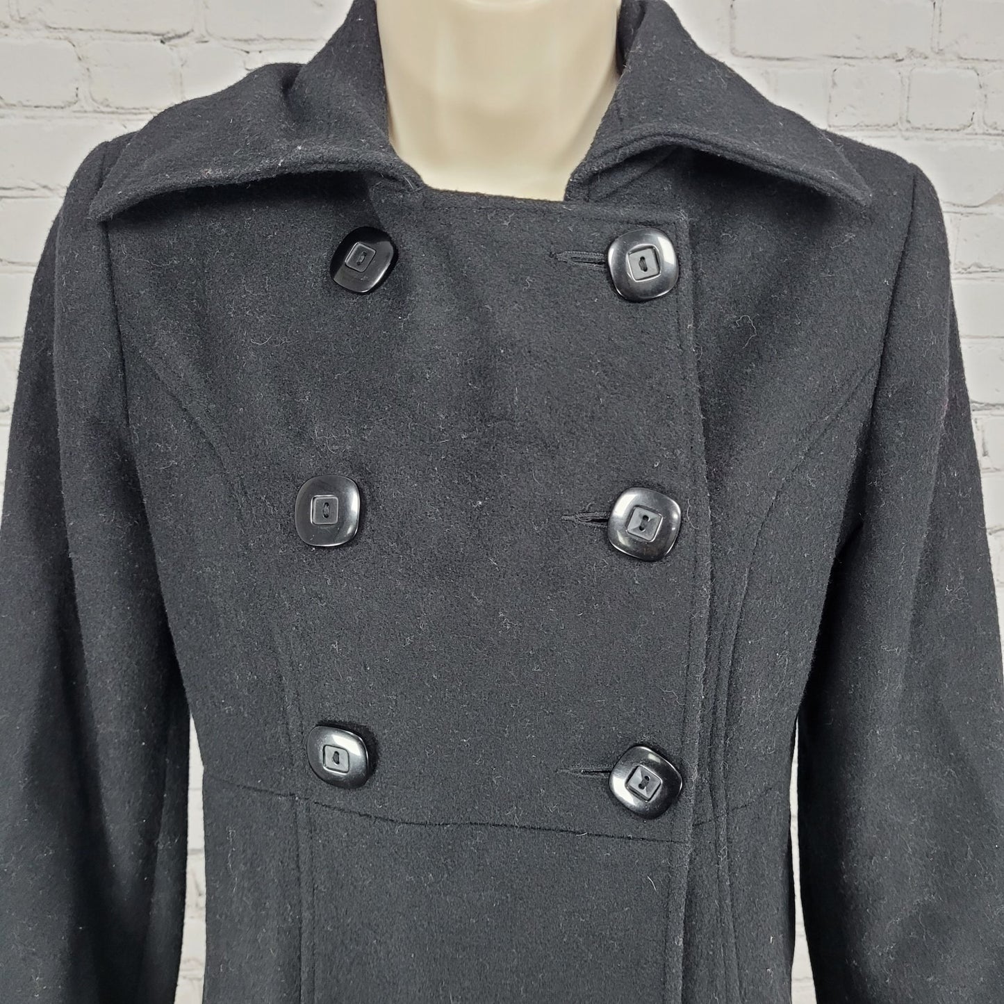 Via Black 100% Wool Double Breasted Buttoned Lined Pockets Long Pea Coat Small S
