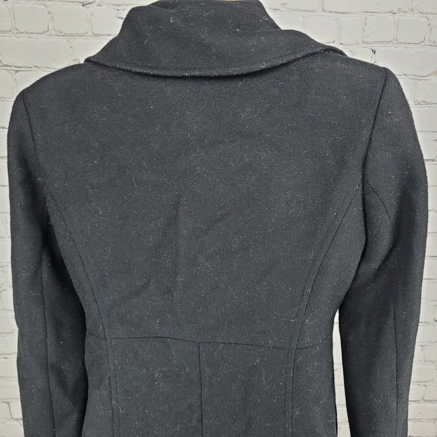 Via Black 100% Wool Double Breasted Buttoned Lined Pockets Long Pea Coat Small S