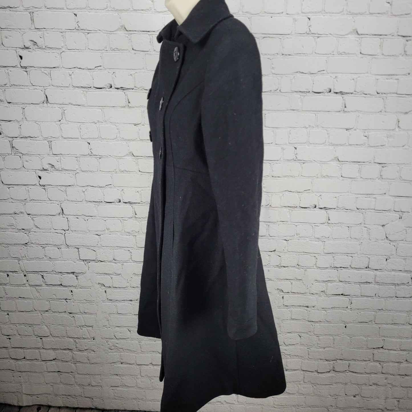 Via Black 100% Wool Double Breasted Buttoned Lined Pockets Long Pea Coat Small S