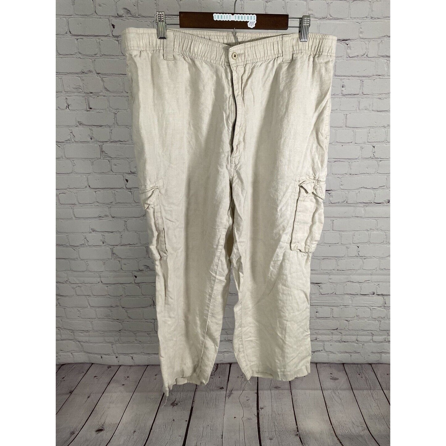 Caribbean Beige Linen Elastic Waist Wide Leg High Rise Cargo Pants Men’s 40 x 24