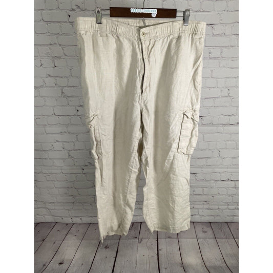 Caribbean Beige Linen Elastic Waist Wide Leg High Rise Cargo Pants Men’s 40 x 24