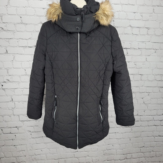 Marc New York Black Stretch Faux Down Quilted Removable Fur Hood Jacket Large L