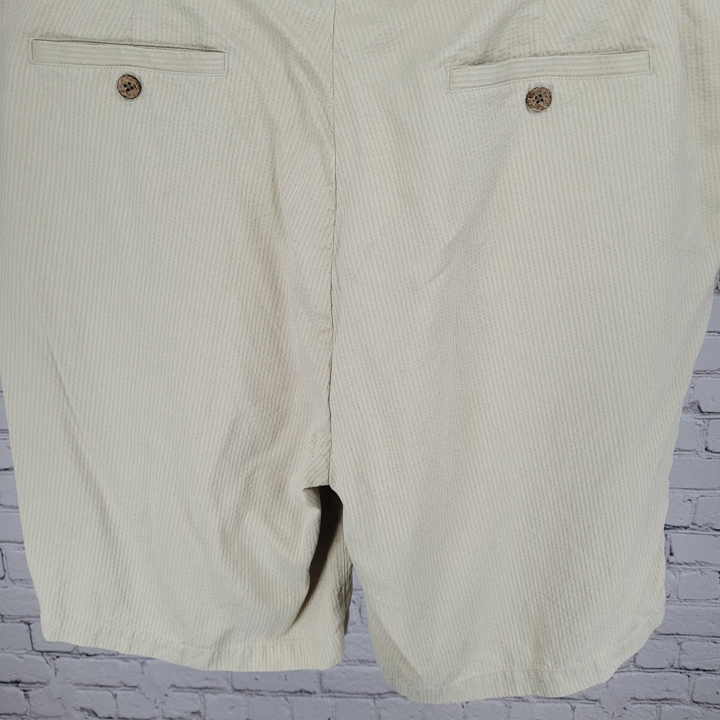 Lineage Beige 100% Silk Striped Pleated Lightweight Chino Shorts Size 42 (40x9)
