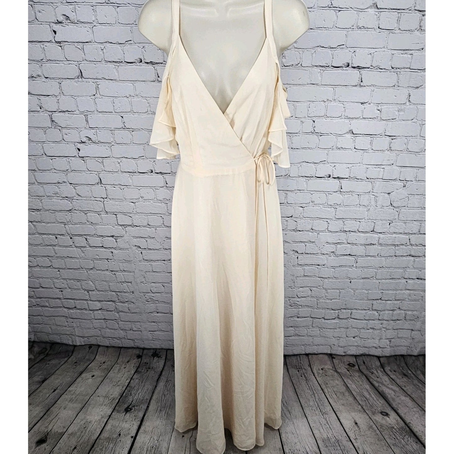 Lulus Cream Peach Chiffon Flutter Off Sleeve Wrap Tie Floor Length Dress XS