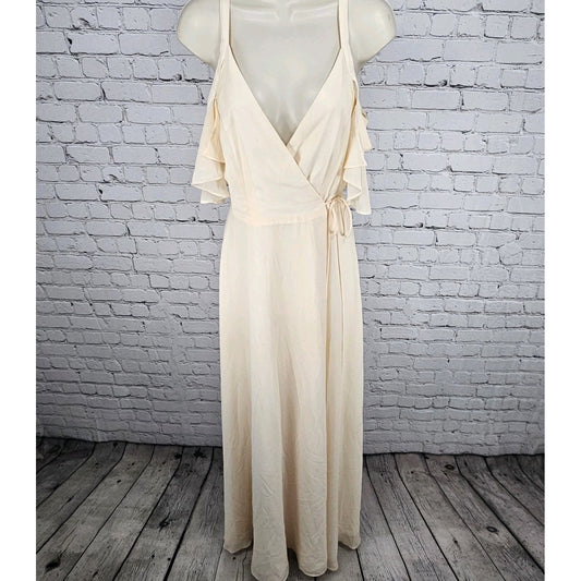 Lulus Cream Peach Chiffon Flutter Off Sleeve Wrap Tie Floor Length Dress XS