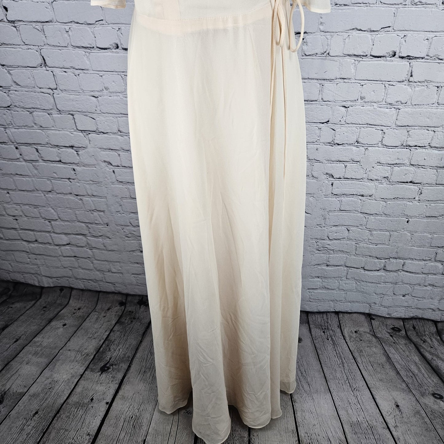 Lulus Cream Peach Chiffon Flutter Off Sleeve Wrap Tie Floor Length Dress XS