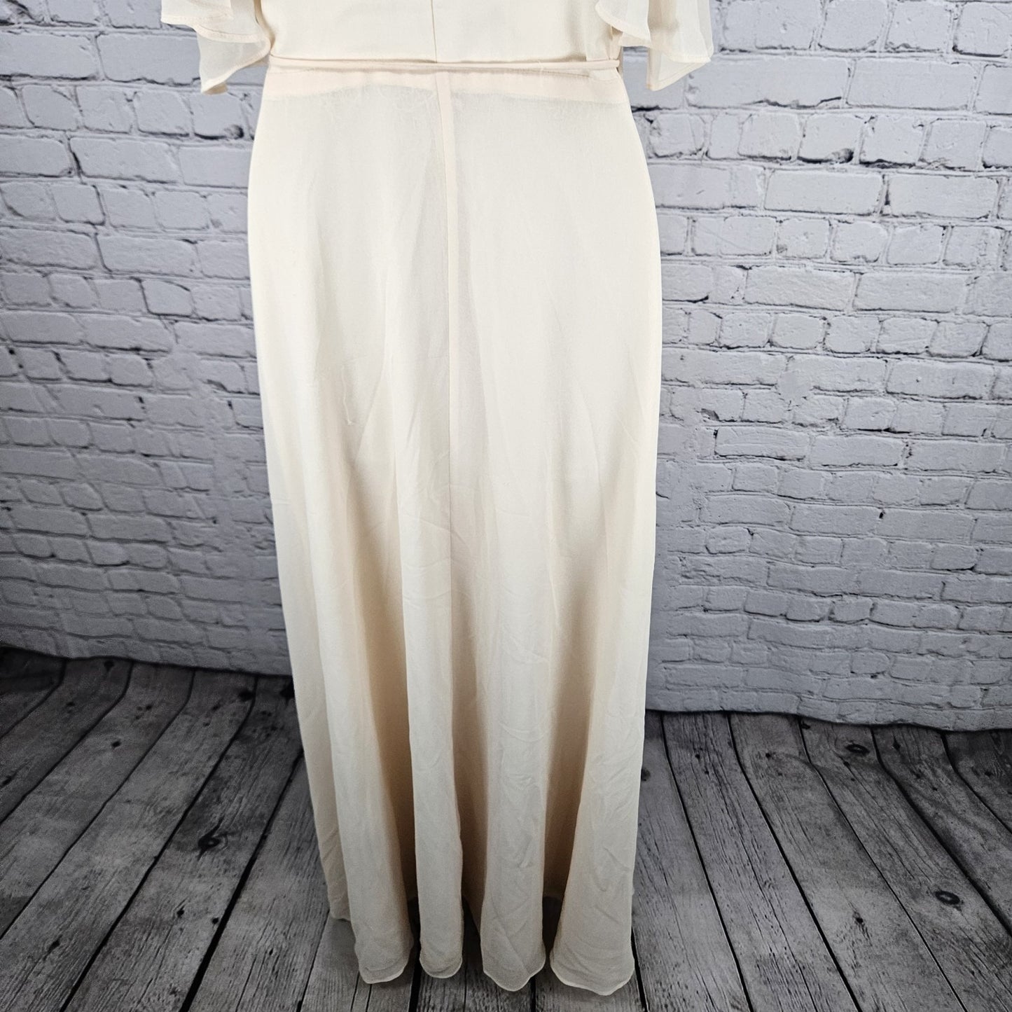 Lulus Cream Peach Chiffon Flutter Off Sleeve Wrap Tie Floor Length Dress XS