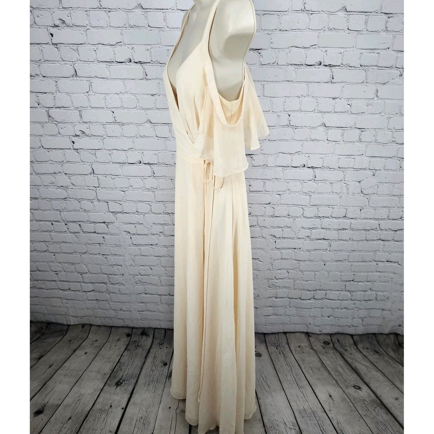 Lulus Cream Peach Chiffon Flutter Off Sleeve Wrap Tie Floor Length Dress XS