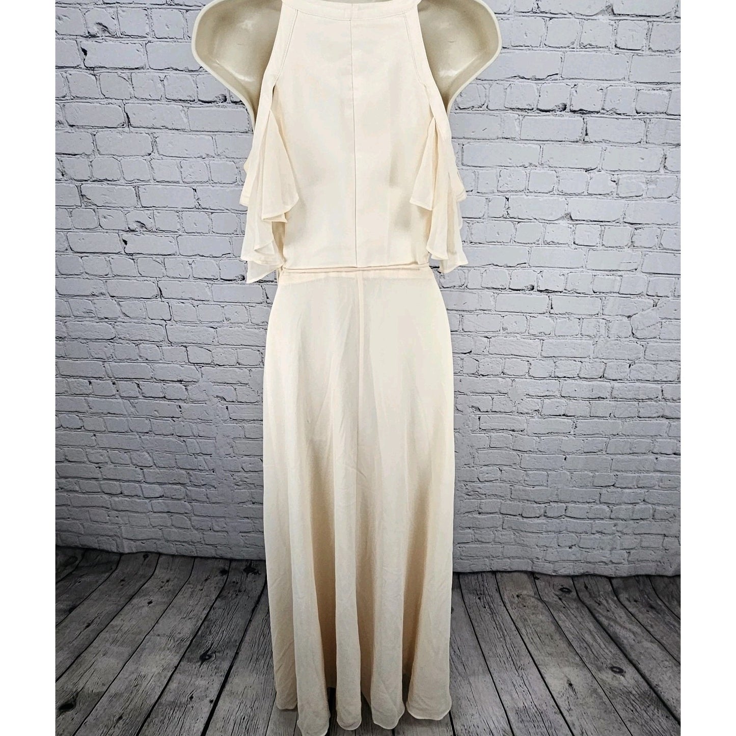 Lulus Cream Peach Chiffon Flutter Off Sleeve Wrap Tie Floor Length Dress XS