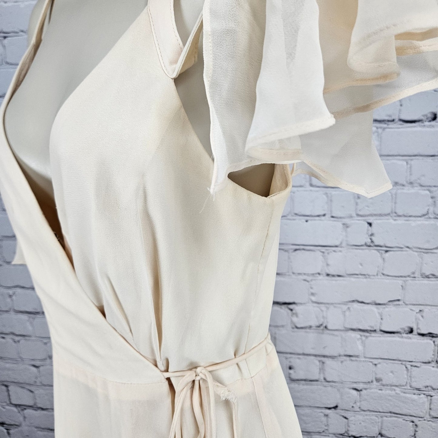 Lulus Cream Peach Chiffon Flutter Off Sleeve Wrap Tie Floor Length Dress XS