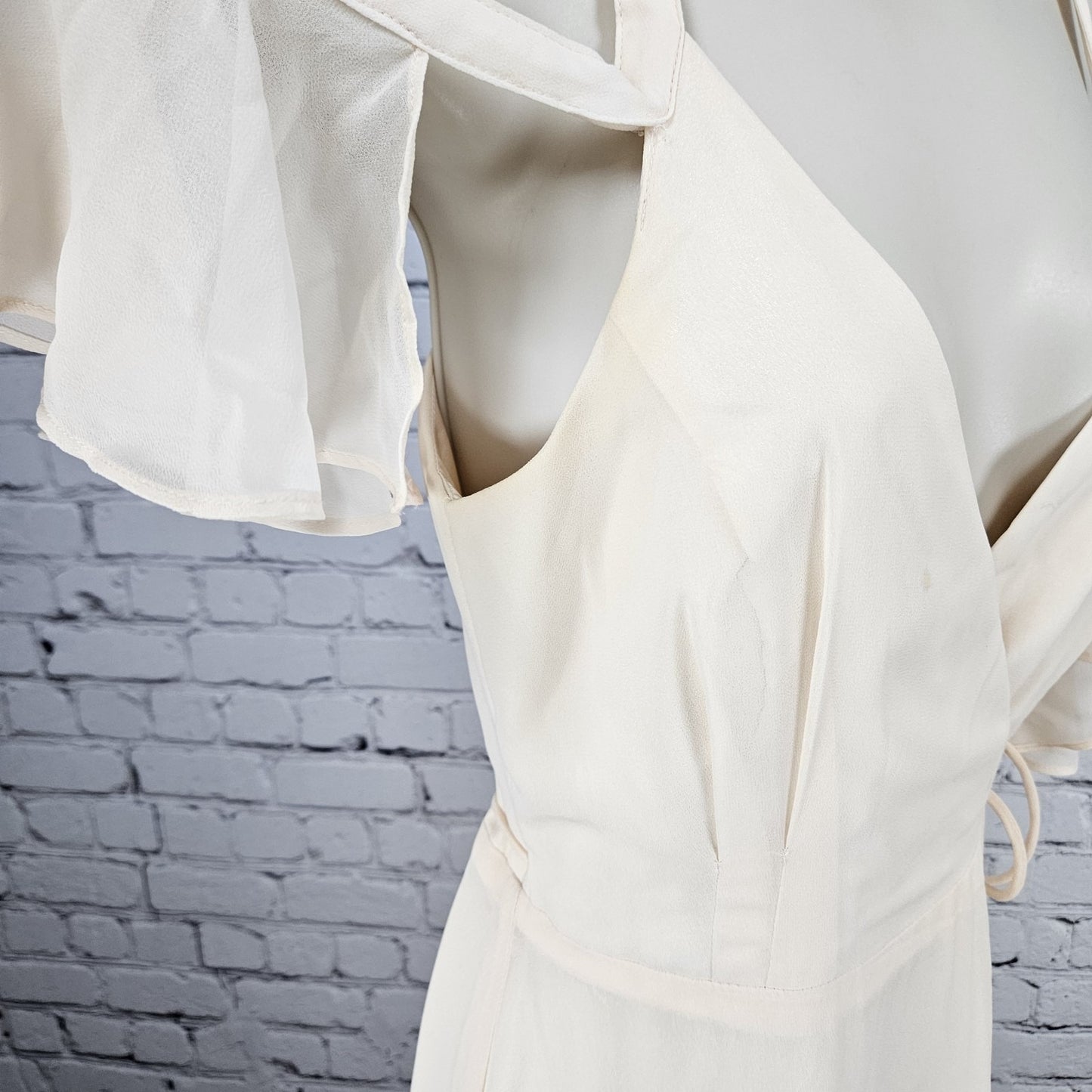 Lulus Cream Peach Chiffon Flutter Off Sleeve Wrap Tie Floor Length Dress XS