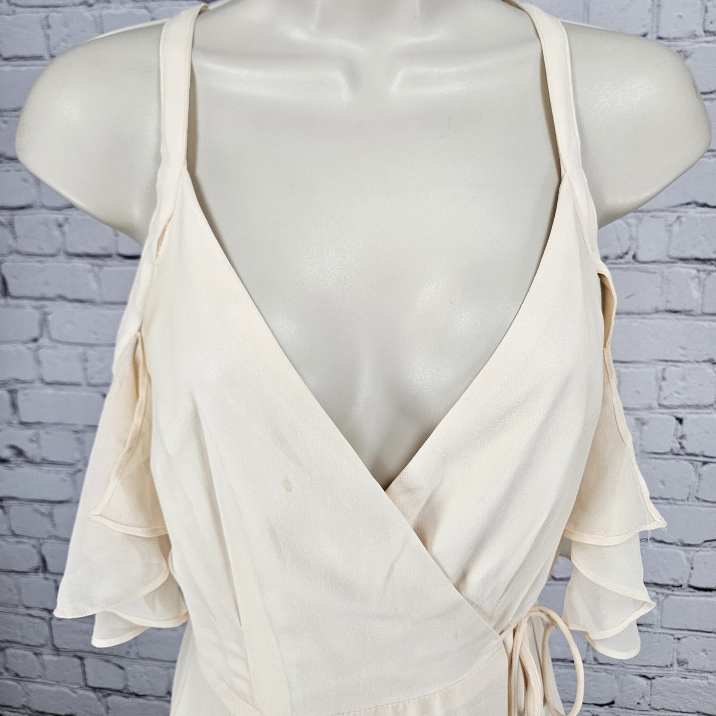 Lulus Cream Peach Chiffon Flutter Off Sleeve Wrap Tie Floor Length Dress XS