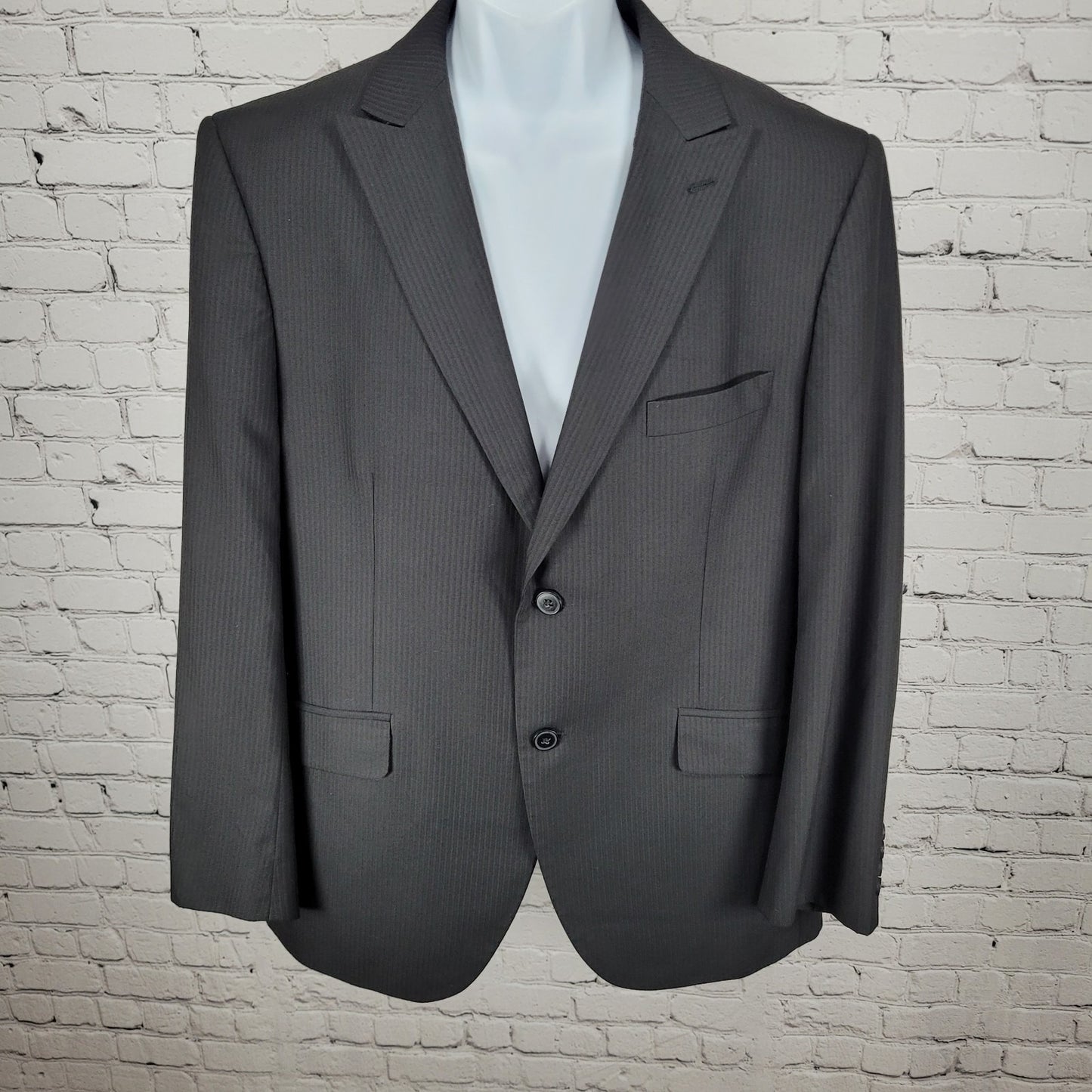 J. Ferrar Black Striped Modern Fit 2 Button Peak Double Vented Blazer Size 42R