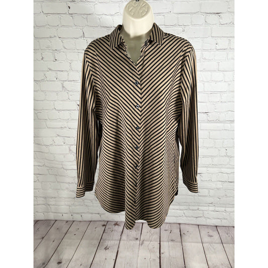 Chico’s Black Brown Striped Long Sleeve Button Up No Iron Chic Stretch Shirt M