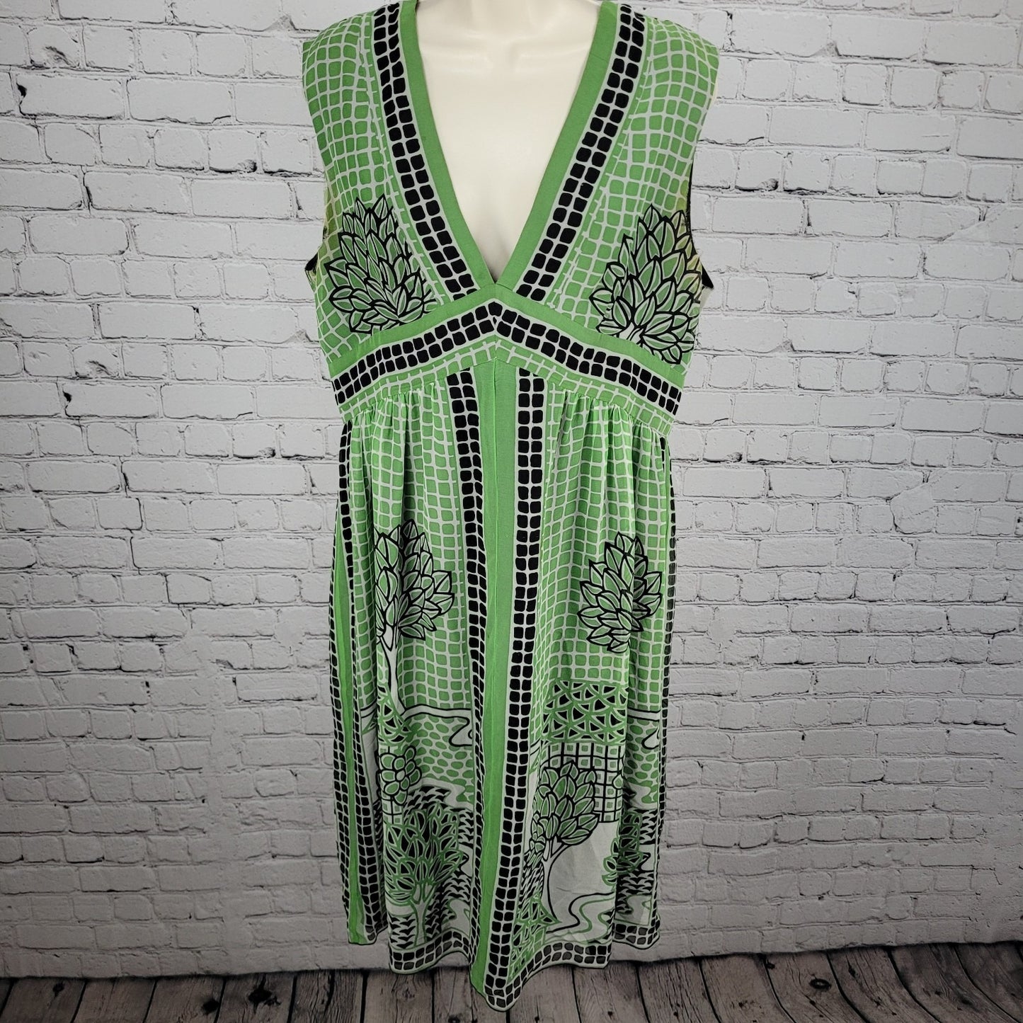Anna Sui Anthropologie Green 100% Silk Sleeveless Lined Midi Dress 12 *defects