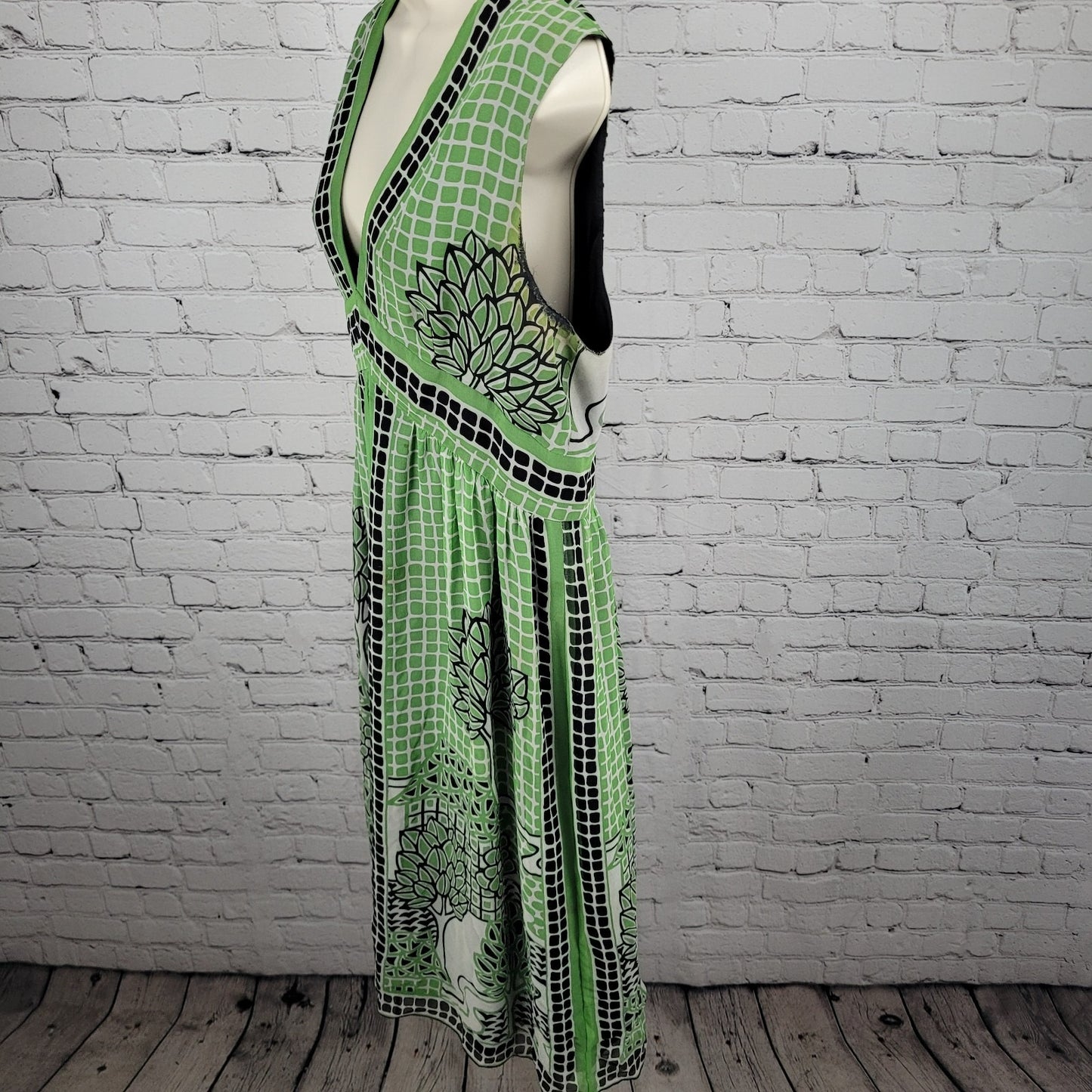 Anna Sui Anthropologie Green 100% Silk Sleeveless Lined Midi Dress 12 *defects