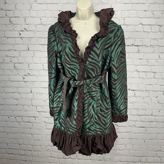 Ubu Green Brown Zebra Lightweight Ruffle Collar Belted  Jacket Size Large L