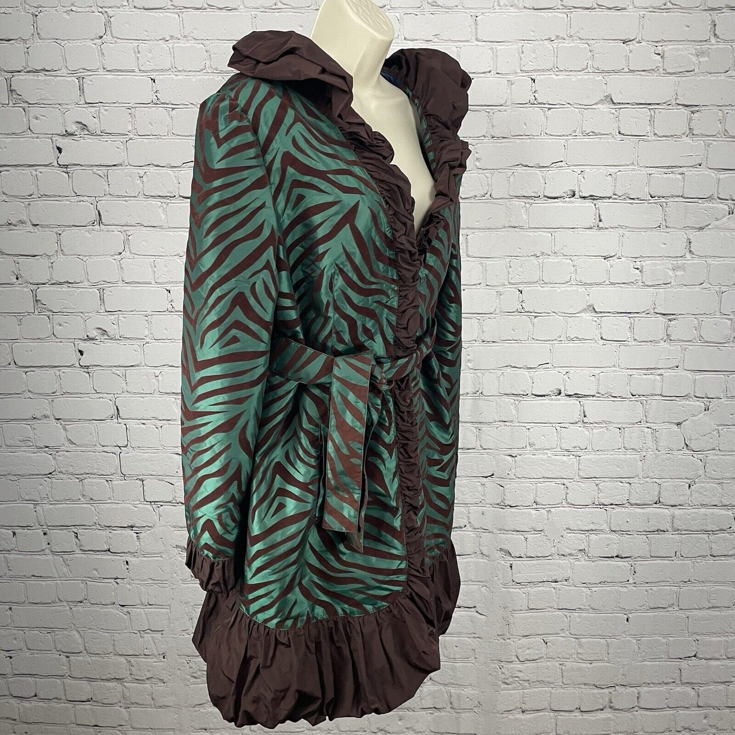 Ubu Green Brown Zebra Lightweight Ruffle Collar Belted  Jacket Size Large L