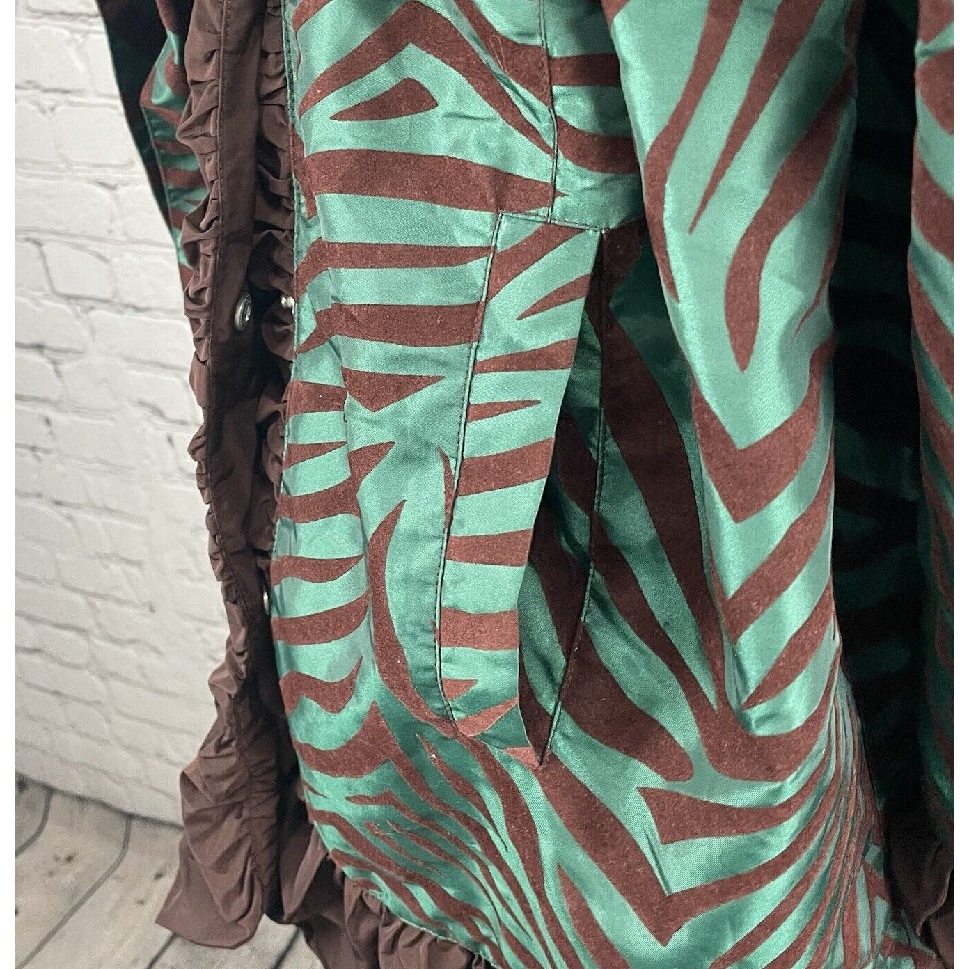 Ubu Green Brown Zebra Lightweight Ruffle Collar Belted  Jacket Size Large L